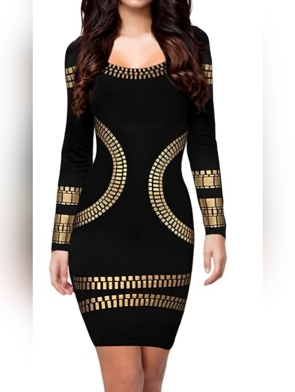 New Miusol jersey Dress M Black Gold Foil Geometric Print Bodycon Midi NWT Mediu